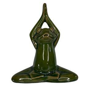 Meditating Yoga Frog Figurine in Green Ceramic